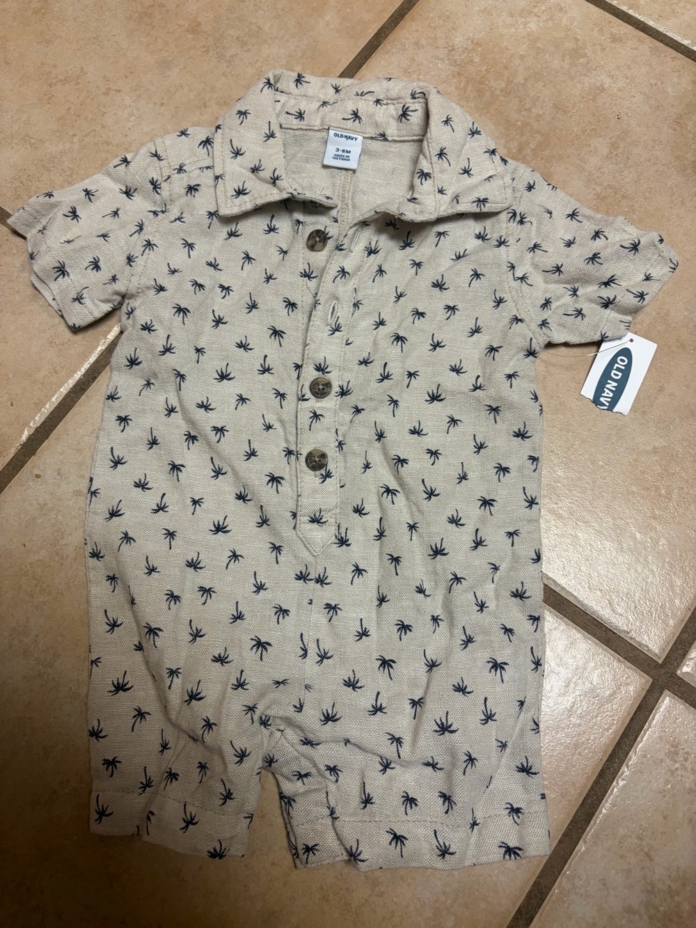 Old Navy Beige linen palm -Print Baby One-Piece Romper